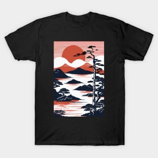 Japanese landscape with sunset, woodblock T-Shirt